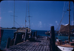 Men on a dock near several anchored boats in Bimini, Bahamas