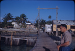 A man stands on a dock near wooden buildings and coconut trees on Bimini, Bahamas