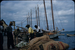 Men gather at the wharf market, Nassau Harbor, New Providence, Bahamas