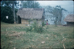 A woman standing outside of a thatched roofed hut in Lucea, Hanover, Jamaica