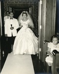 Wedding, June 14, 1959. Bride and father arrive and enter (1957) brick church