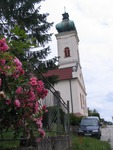 Duda Family's ancestral Church in Slovakia, exterior view, with pink flowers.2009, Original Image
