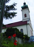 Duda Family's ancestral Church in Slovakia, exterior view, with pink flowers.2009, Enhanced Image