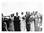 Tesinsky wedding party leaves church grounds, Aug. 21, 1938, Black and White