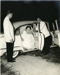 Wedding, June 14, 1959. Bride and father arrive and enter (1957) brick church