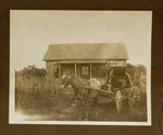 Man Sitting in Horse-Drawn Carriage in Front of House