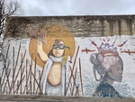 Murals of Young Boy with Goggles and Women with Heart Superimposed on Head, Luján, Buenos Aires