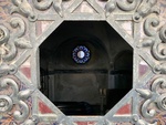View of Blue and Orange Stained Glass Window. Recoleta Cemetery by Wendy Howard