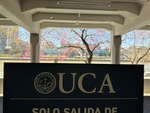 View of Puerto Madero from Universidad Catolica Argentina with UCA sign in foreground by Wendy Howard