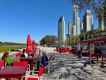 Lunch time at El Chapulin in Puerto Madero near Laguna de los Coipos with city skyline views by Wendy Howard