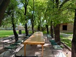 Long wooden table surrounded by chairs in a shaded area of Luján de Cuyo, Mendoza, Argentina by Wendy Howard
