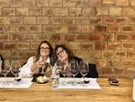Visitors enjoy wine tasting at Bodega Familia Cassone in Mendoza, Argentina with a backdrop of rustic brick walls by Wendy Howard