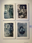 Art display featuring mixed media works at a gallery in Lisbon, Portugal by Wendy Howard