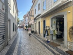 Vibrant street scene in Lisbon showcasing local shops by Wendy Howard