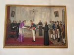 Ceremony of Honor During the Colonial Era Featuring a Military Officer in a Historic Church Setting by Maria Grisales