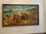 Colorful Historical Depiction of Explorers and Indigenous People Interacting Near the Shores of a Puerto Rican Landscape by Maria Grisales