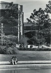 Math and Physics Building, students sit at Reflecting Pond